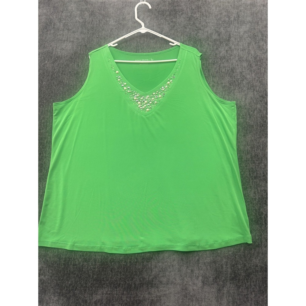 Susan Graver Tank Top‎ Womens 2X Green Intricate Pearl Rhinestone Casual V-Neck